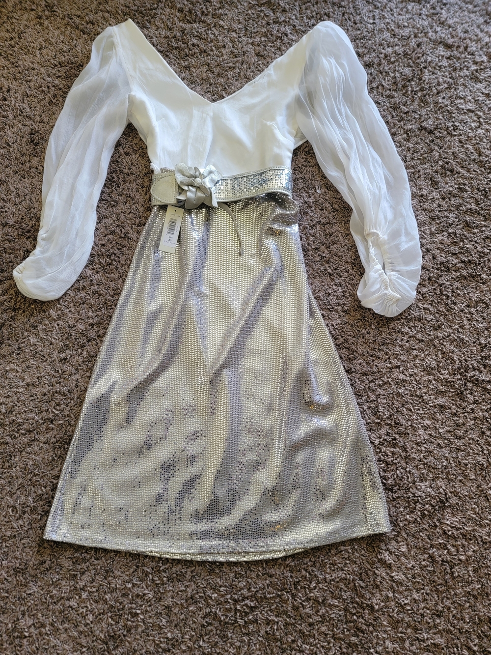 Women’s Silver Sequin A-Line Skirt with White Bodice